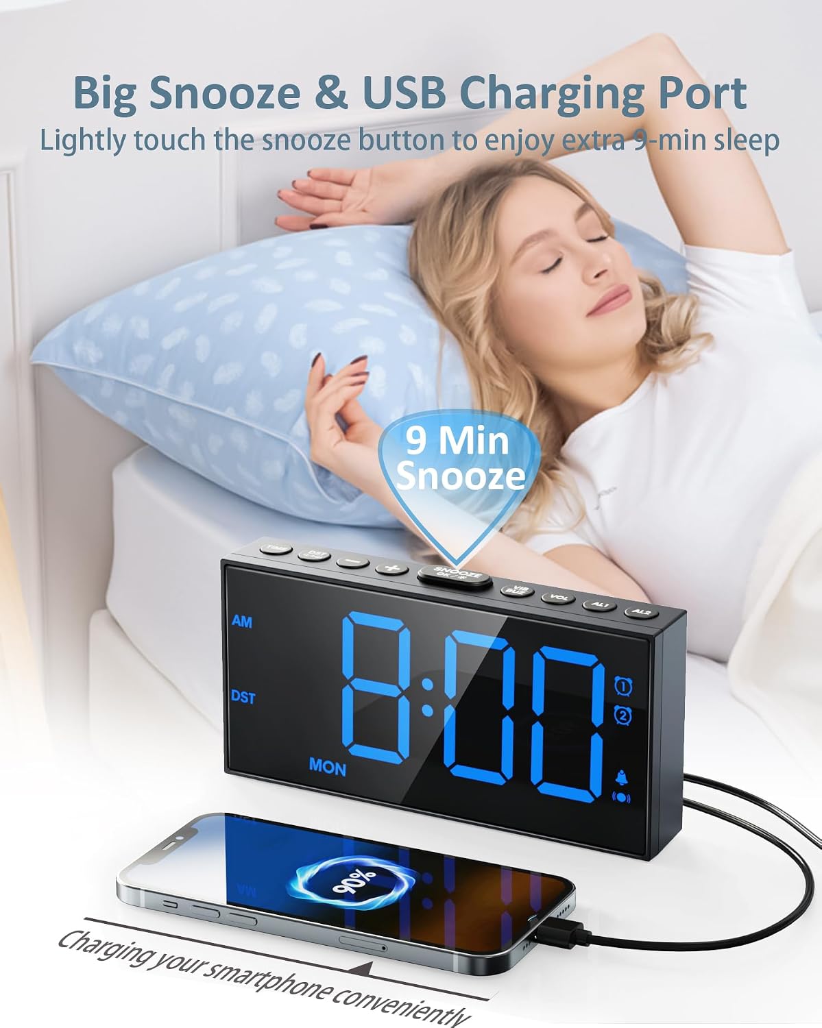 Roxicosly Vibrating Alarm Clock with Bed Shaker for Heavy Sleepers, 3-Level Vibration, Dual Alarms with Weekday & Weekend Mode, Large Digits, Dimmer, Snooze, USB Charger, Battery Backup