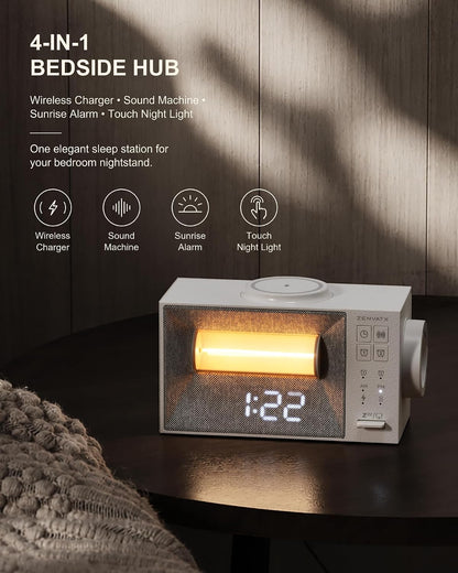 Sound Machine Alarm Clock with Wireless Charger for Bedroom, Hotel