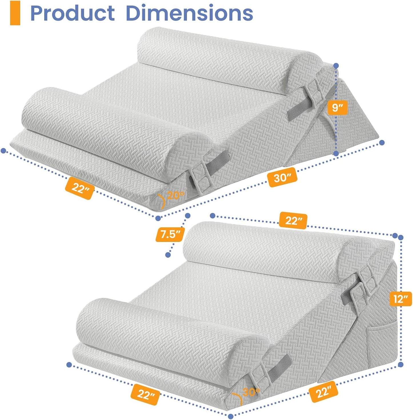 Sasttie Adjustable Wedge Pillow Set for After Surgery, Dark Grey & White | Bed Wedge Pillow Headboard with Memory Foam Neck Cushion, for Acid Reflux, Sleeping, Neck & Back Support