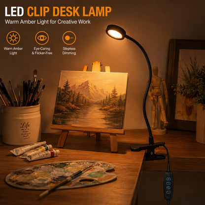 USB Clip-On Lamp, Eye Caring Dimmable Reading Light (Warm+Cool White, 8W) | Dimmable, Inline Switch, 1M Timer, USB 5V Port, 3000K+6000K, 81inch Long Cable, Flexible Gooseneck, Metal Head and Clip