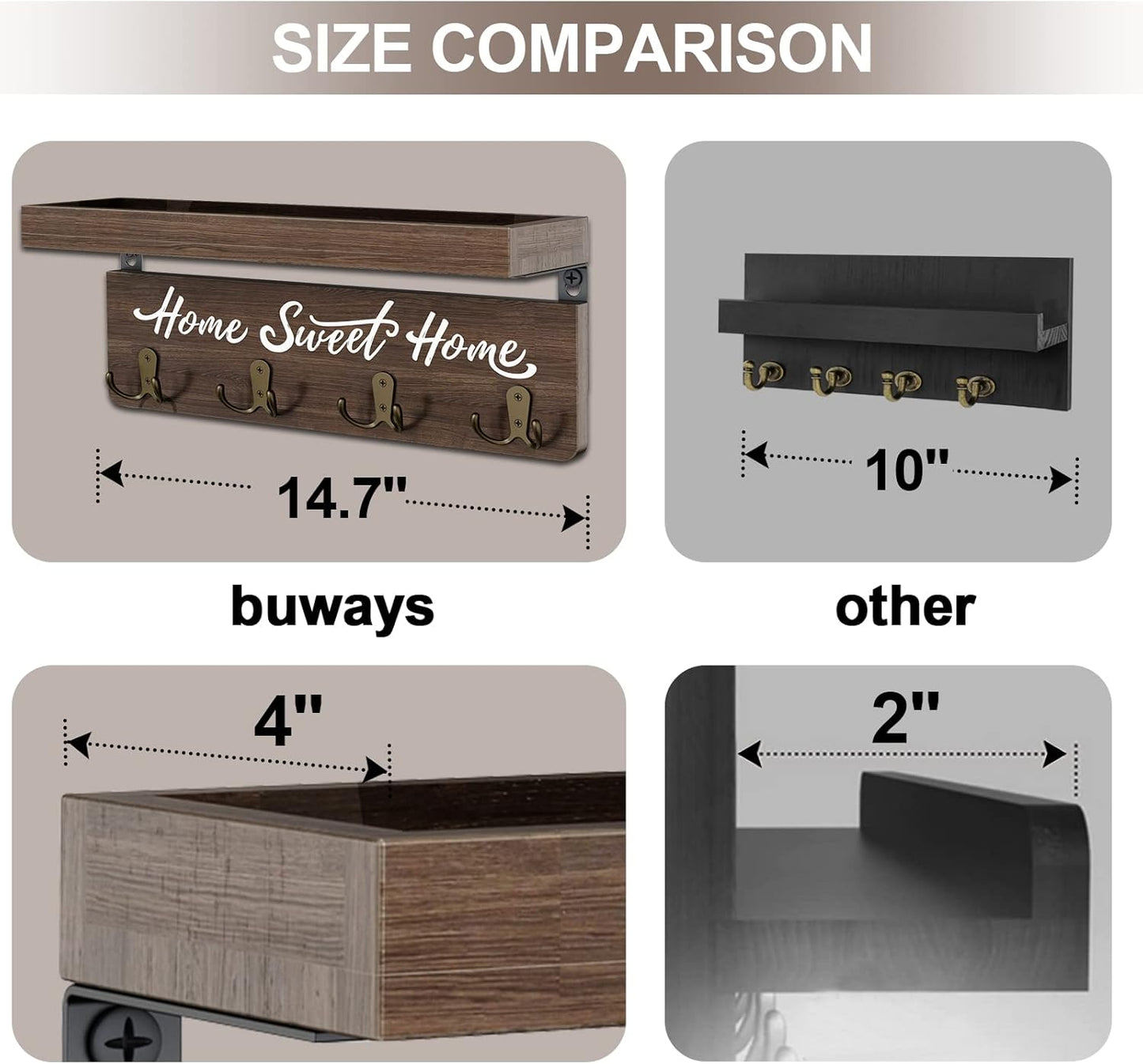 buways Key Holder Wall Mount with 8 Hooks and Cozy Home Sign (Gray) | Solid Wood, Floating Shelf for Keys, Mail, and Daily Essentials in Entryways, Hallways or Home Decor