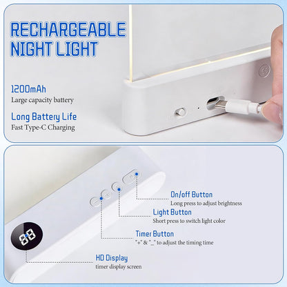 Book Light, Rechargeable Clear LED Flat Reading Light with 3 Colors & Timer, Dimmable Panel Plate Lamp Book Full Page Light for Reading in Bed at Night, for Women Readers Kids Book Lovers (White)