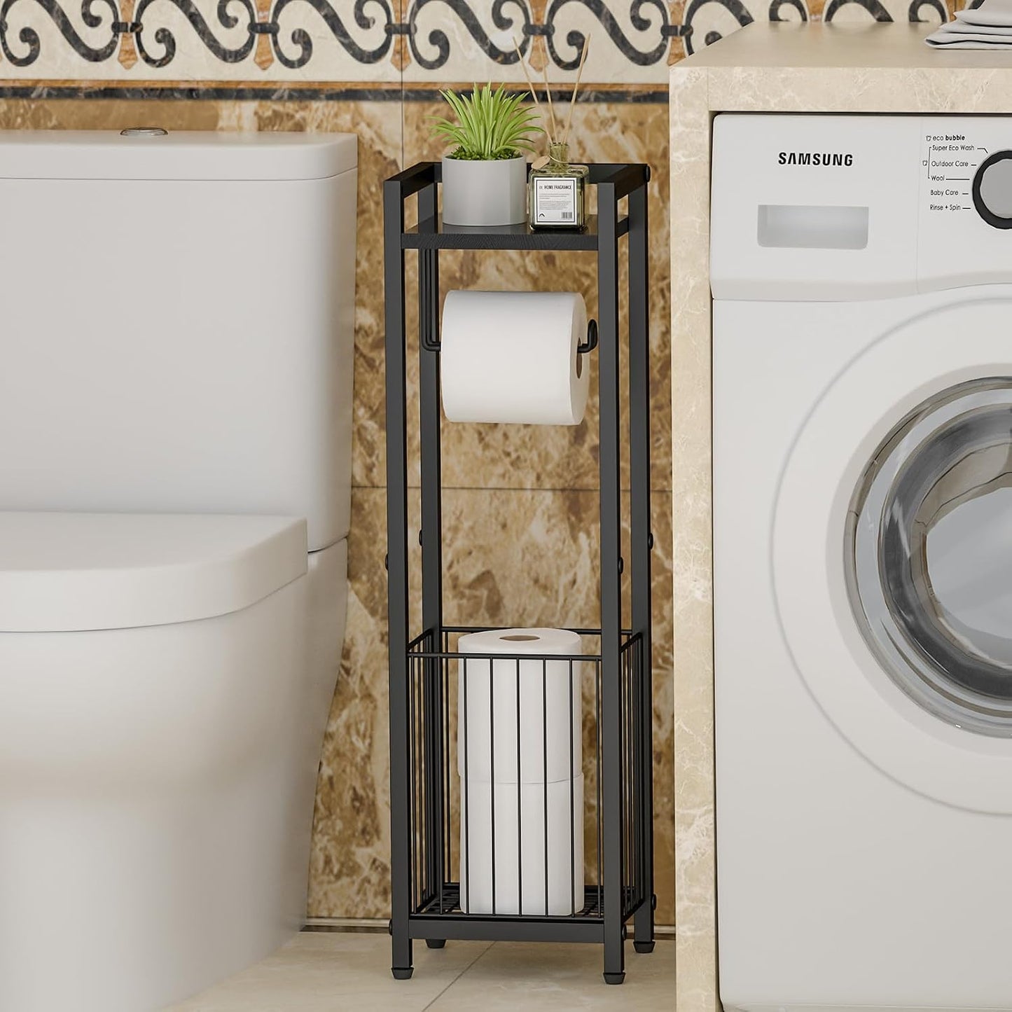 Narrow Side Toilet Paper Holder with Storage Shelf | Freestanding Roll Holder for Bathroom, Small Space, Bathroom Tissue & More