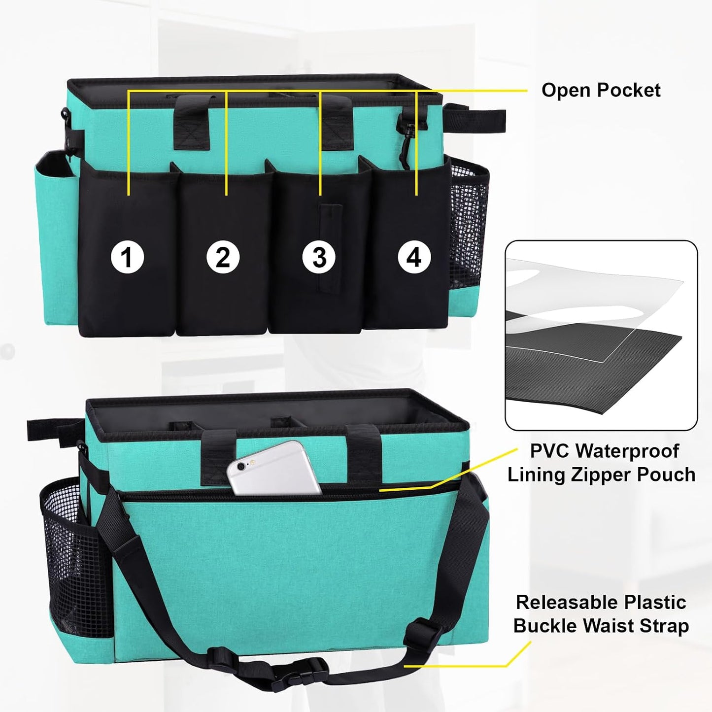 Wearable Large Cleaning Caddy Bag for Housekeepers (Black&Gray) | Cleaning Supplies Organizer with Adjustable Shoulder, Waist & Handle Straps, Detailing Bag for Kitchen Supplies