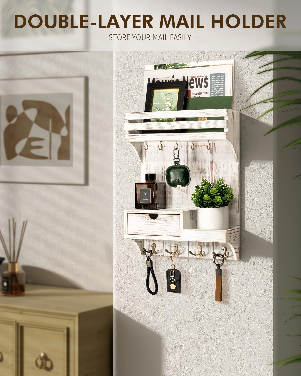 Rebee Vision Key Holder Wall Mount with Drawer Organizer for Entryway,Brown | Pine Wood, 6 Key Hooks, Display Shelf for Plants, Mail Slot for Storage Letter, Multi-Funtional Design, Home Storage