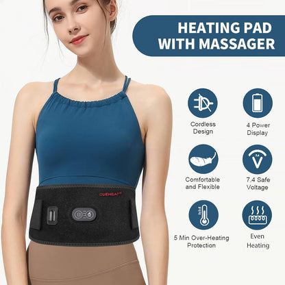 CUEHEAT Heated Waist Belt with Massage - Cordless Lower Back Heating Pad | 3 Heat Settings, 3 Vibration Modes, 7.AV Rechargeable Battery, Adjustable Fit for Wearable Lower Back Warmth