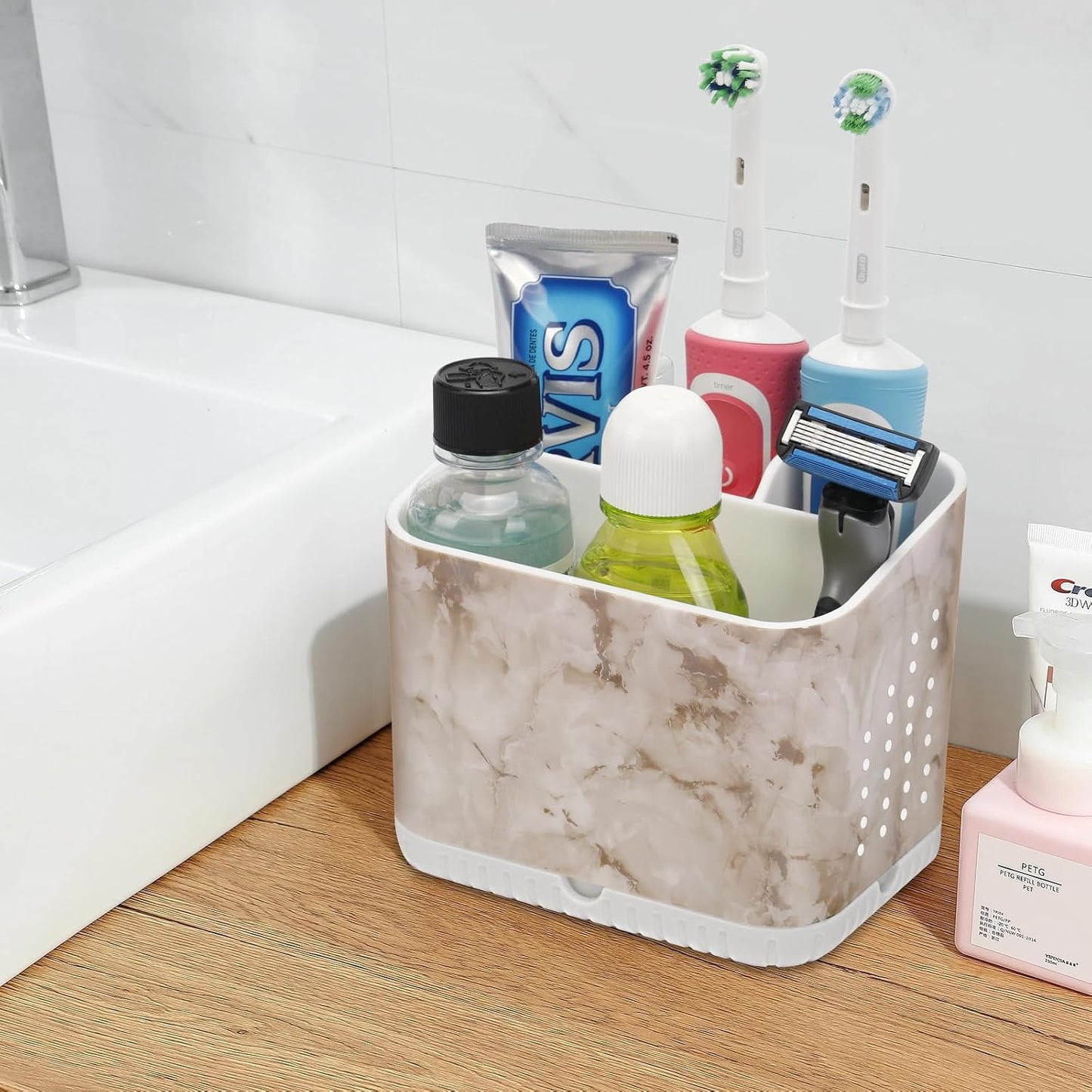 Bathroom Toothbrush Holders, Toothbrush and Toothpaste Holder (Wood Grain) | Easy To Clean, Drainage, Removable, Non-Slip, 4 Slots Tooth Brush Holder for Bathroom Countertop Organizer