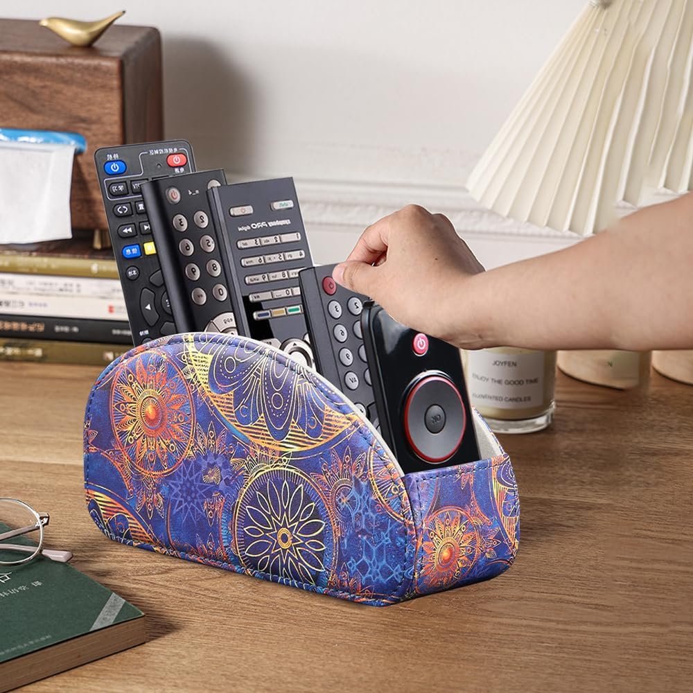Pu Leather TV Remote Control Holder with 5 Compartments,Remote Caddy/Tray | Bedside Table Desk Storage Box/Organizer for Pen,DVD,Blu-Ray,Media Player,Heater Controller,Cosmetics,Glasses,Office Supplies