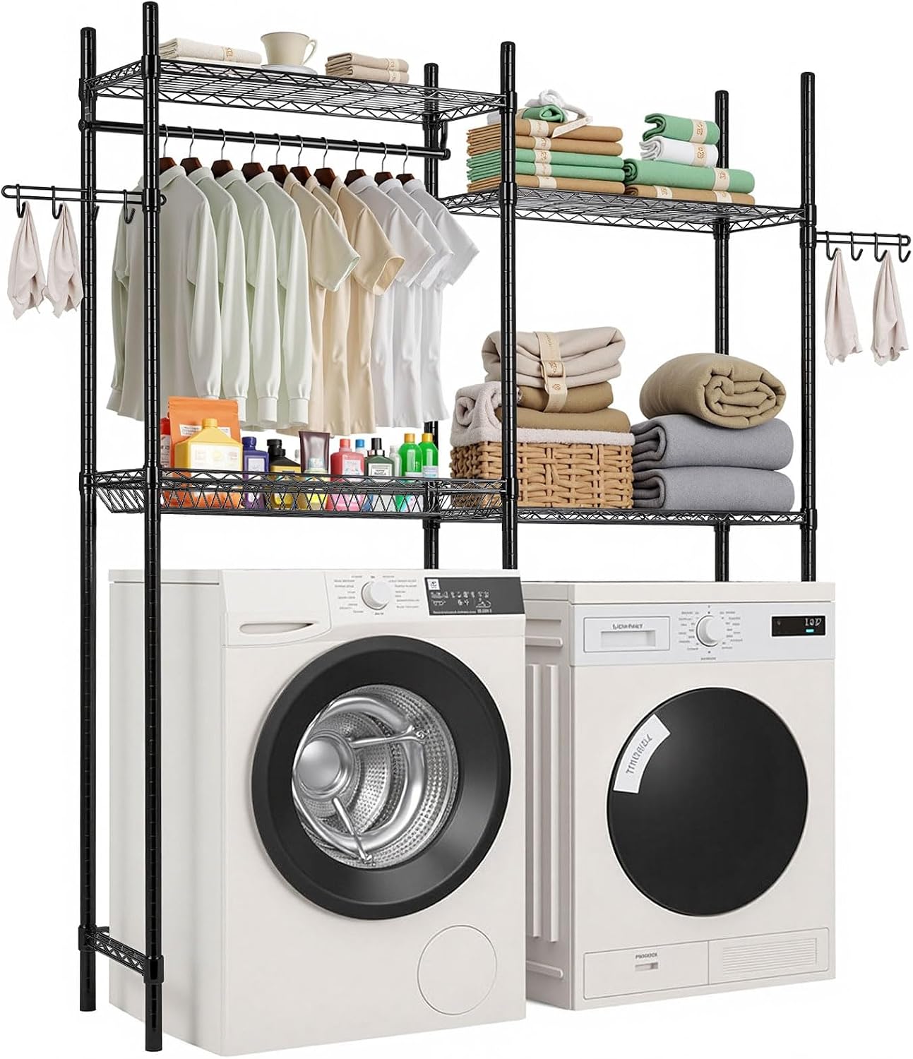VEVOR Over The Washer and Dryer Storage Shelf, 3 Tier Laundry Room Drying Rack with Hanger Rod and Hooks, Adjustable Over Washer and Dryer Shelves, Laundry Room Shelf Storage Space Saver, White