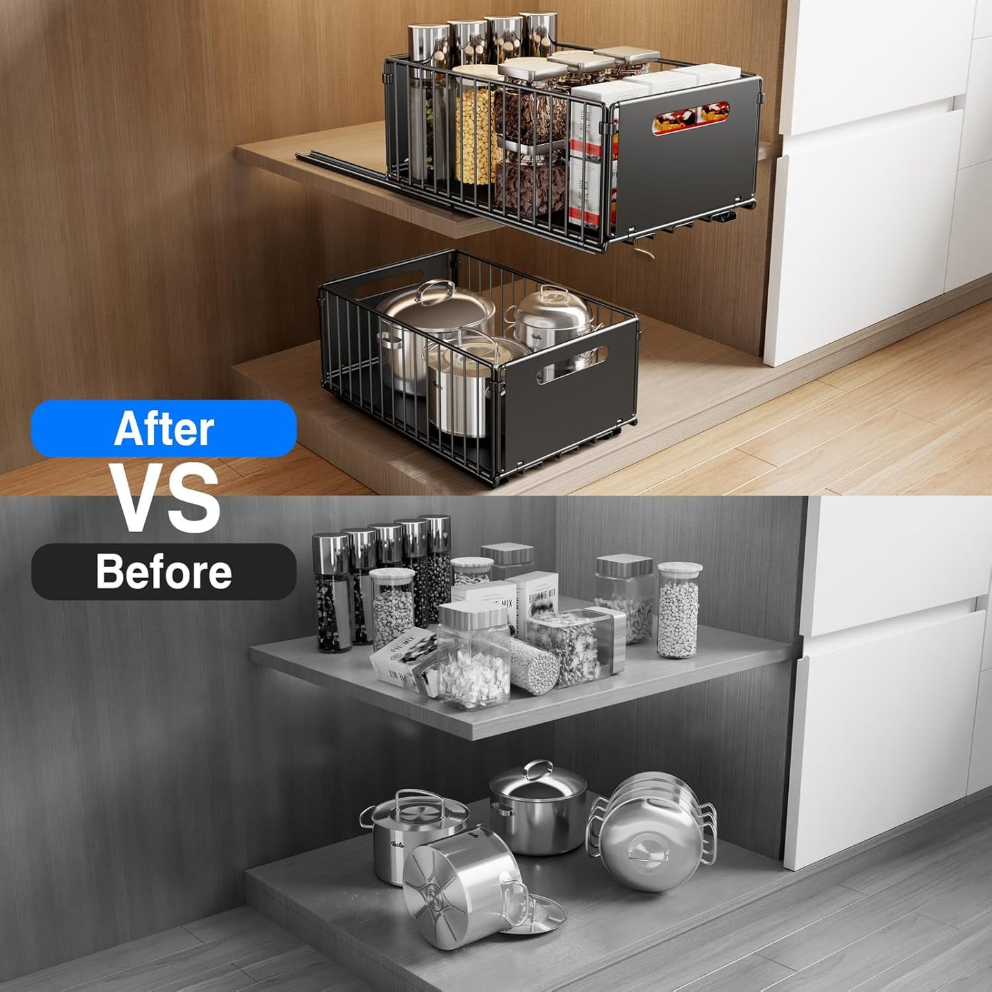 Mustorn 2 Pack Pull Out Cabinet Organizer, Slide Out Drawers for Cabinets, Peel and Stick, Heavy Duty Shelves for Kitchen, Cupboard, Pantry, Bathroom (16.5"D*11.8"W*3.94"H-Black)
