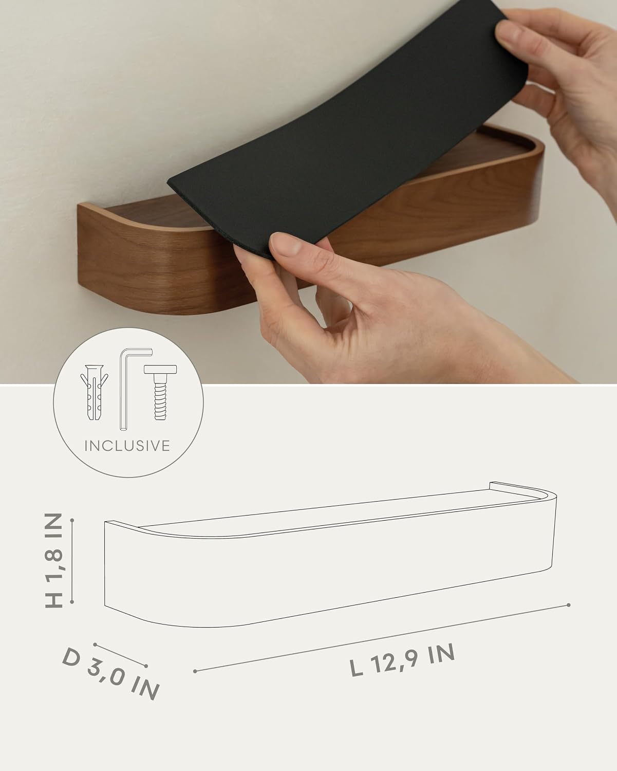 Kazai. Key Holder 'Toke' | Minimalist Key Hook Design from Berlin | Modern Key Holder Wall Mount with Wooden Shelf | Key Rack for Wall as Entryway Organizer | Walnut