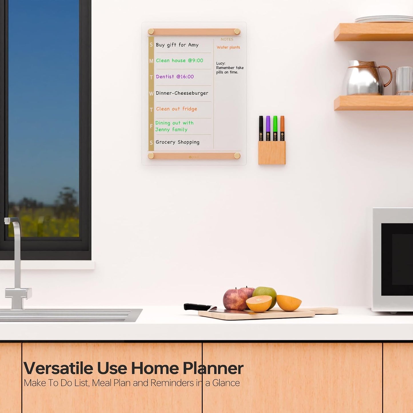 Yeoux Clear Glass Golden Weekly & Menu Dry Erase Calendar Board 15“x11 | Wall Mount, Non-Magnetic, Meal Planning & Grocery Shopping List Whiteboard for Kitchen & Home, 4 Markers