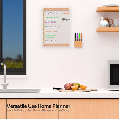 Yeoux Clear Glass Golden Weekly & Menu Dry Erase Calendar Board 15“x11 | Wall Mount, Non-Magnetic, Meal Planning & Grocery Shopping List Whiteboard for Kitchen & Home, 4 Markers