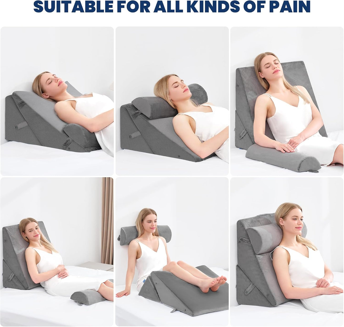 BDEUS 3PCS Wedge Pillows for Sleeping Bed Wedge Pillow 9&12 Inch Adjustable Triangle Pillow Wedge with Premium Half-Moon Memory Foam Bolster Pillow