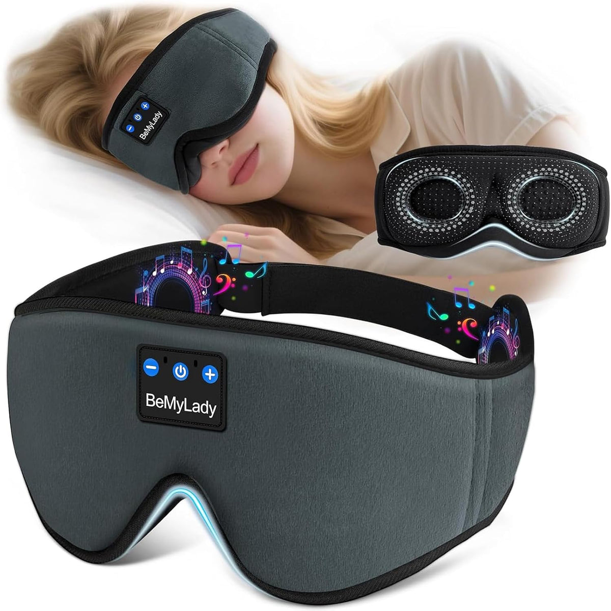Bamboo Cotton Sleep Mask with Bluetooth Headphones, 100% Blackout, Grey