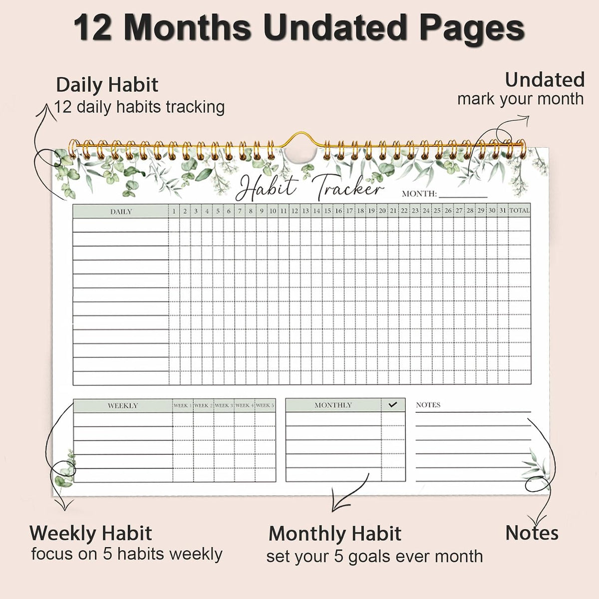 Habit Tracker Calendar, Aesthetic Daily Weekly Goal and Habit Tracker Journal, 12 Months Undated Habits Tracker Planner with Spiral Binding, Boost Productivity Tool and Workout Calendar, 11.7"x8.5"
