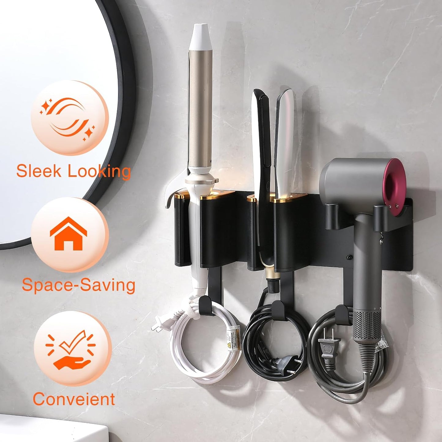 Hair Tool Organizer, Curling Iron Holder, Countertop/Wall Mount | Hair Brush & Spray Organizer, Hot Tools Holder for Vanity Bathroom, Under Sink/Adhesive/Screw Mount, Acrylic, Clear