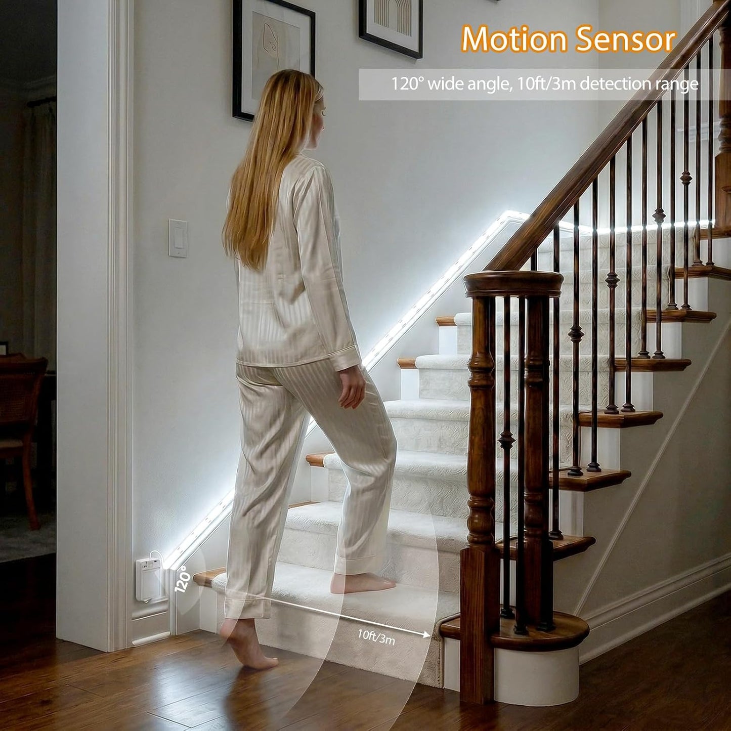 OMIKA Dual Sensor Stair Lights Indoor, Rechargeable 16.4ft LED Strip Light, 150 LEDs Double Motion Activated Under Bed Night Lights for Shelves, Stairway, Closet, Corridor, Bedroom, 6000K Cool White