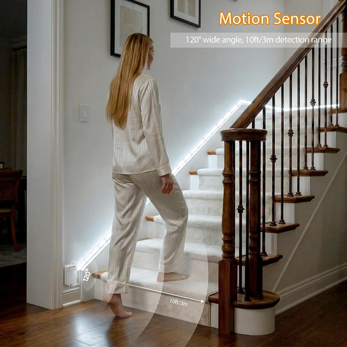 OMIKA Dual Sensor Stair Lights Indoor, Rechargeable 16.4ft LED Strip Light, 150 LEDs Double Motion Activated Under Bed Night Lights for Shelves, Stairway, Closet, Corridor, Bedroom, 6000K Cool White