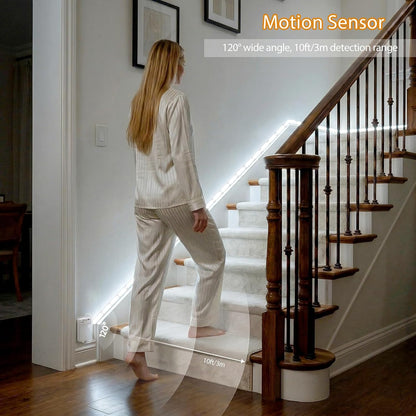 OMIKA Dual Sensor Stair Lights Indoor, Rechargeable 16.4ft LED Strip Light, 150 LEDs Double Motion Activated Under Bed Night Lights for Shelves, Stairway, Closet, Corridor, Bedroom, 6000K Cool White