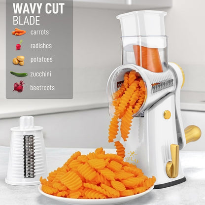 Zulay Kitchen Rotary Cheese Grater 5 Blade Cheese Shredder - Manual Hand Crank Cheese Grater With Reinforced Suction & 5 Interchangeable Drums - Easy to Use, Vegetable Chopper Round Mandoline Slicer - Colors B