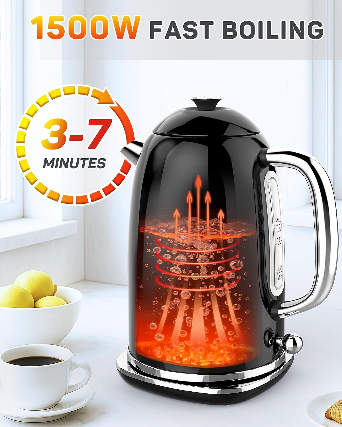 Harriet Electric Kettle, 1.8L Retro Electric Tea Kettle with Thermometer, 1500W Stainless Steel Hot Water Kettle Electric with LED Indicator, Fast Boiling, Cordless, Auto Shut-Off, Yellow