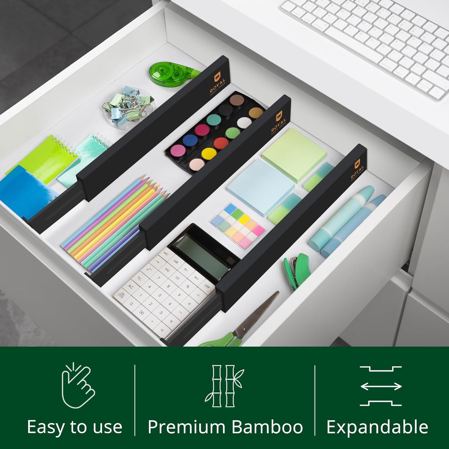 Bamboo Drawer Dividers Organizers, Adjustable Drawer Separator Splitters, 17–22 Inches Expandable Drawer Divider Organizer for Large Utensils, Kitchen, Bedroom, Dresser & Office Drawers 4-Pack
