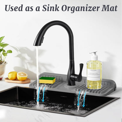 PoYang 24 Inch Faucet Mat for Kitchen Sink Splash Guard, Silicone, Black | Sink Protectors with 7° Slope for Smooth Drainage, Snap Button Holds It in Place, 90° Foldable & Cuttable Hole Fit Most Sinks