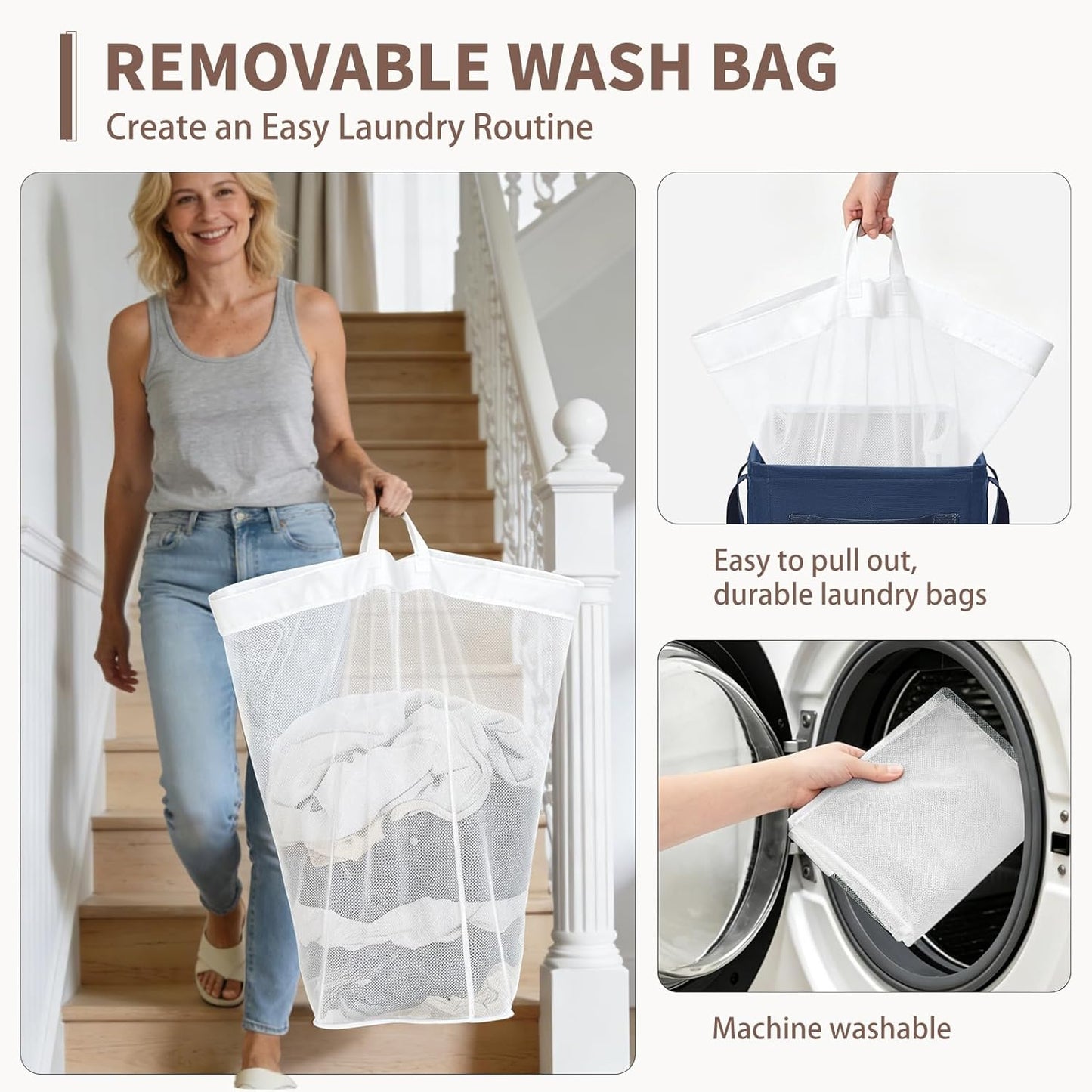 CHICVITA 75L Large Rolling Laundry Basket with Wheels & Wash Bag, Grey | Collapsible design saves space for corner dorms. Removable wash bag for easy laundry transport