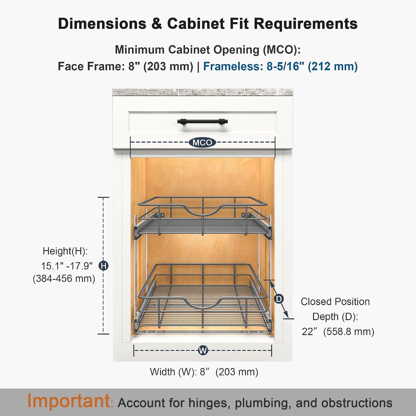 2 Tier Pull Out Cabinet Organizer - 20" W x 22" D Soft Close Slide Out Shelves with Shelf Liners - Pullout Drawers for Kitchen Cabinets, Pantry, Bathroom, Heavy Duty Steel Wire Baskets