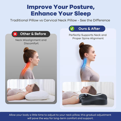 DONAMA Contour Cervical Neck Pillow for Neck Pain Relief | Queen,Ergonomic Dual-Height,Odorless Memory Foam,Side/Back/Stomach Sleepers,Cooling Hypoallergenic Cover,OEKO-TEX Certified