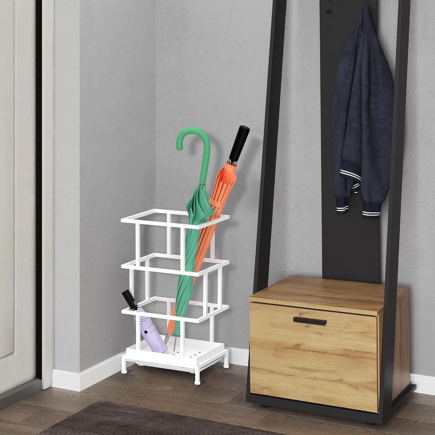 Alyoen Umbrella Holder for Entryway, Metal Umbrella Stand with Water Tray and Cane Holder, Adjustable Feet, 10.4 x 8.4 x 18.7 in, Suitable for Home, Office, and Shopping Mall (Black)