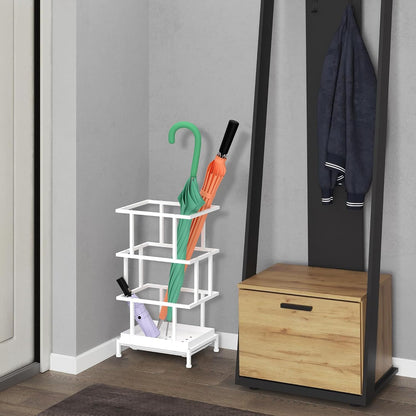 Alyoen Umbrella Holder for Entryway, Metal Umbrella Stand with Water Tray and Cane Holder, Adjustable Feet, 10.4 x 8.4 x 18.7 in, Suitable for Home, Office, and Shopping Mall (Black)