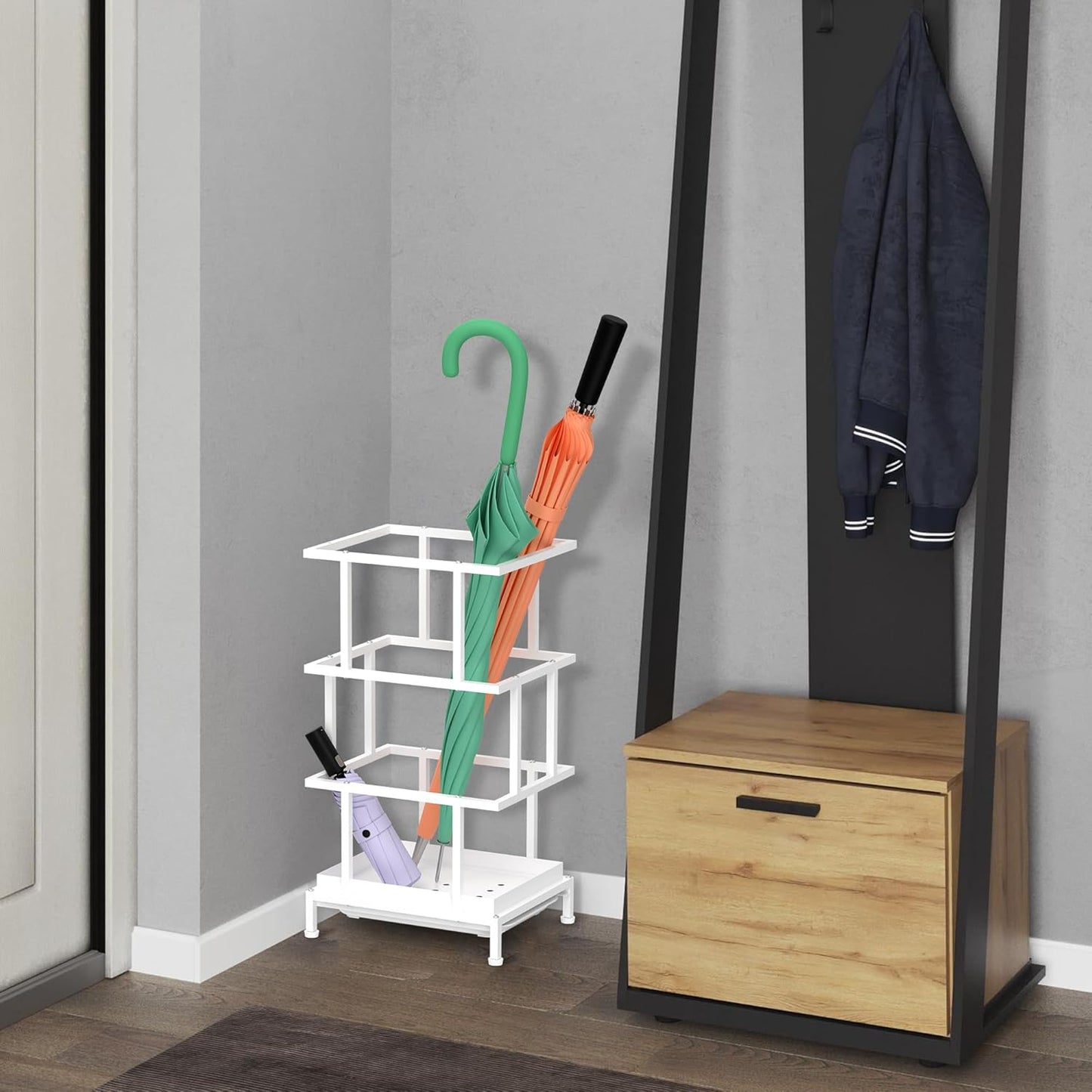 Invech Umbrella Holder for Entryway, Metal Umbrella Stand with Water Tray and Cane Holder, Suitable for Home, Office, and Shopping Mall