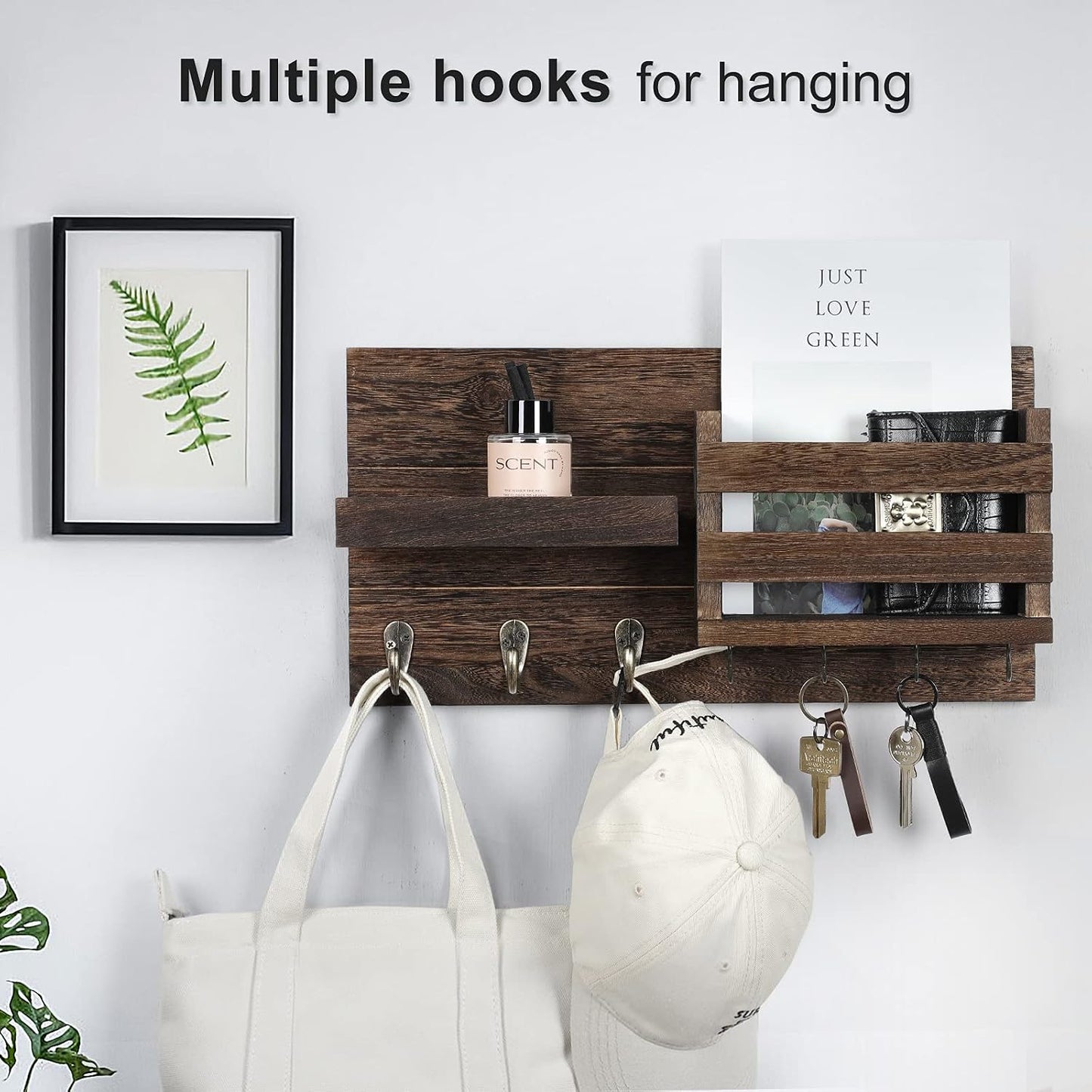 Lwenki Mail Organizer for Wall Mount – Key Holder with Shelf Includes Letter Holder and Hooks for Coats, Dog Leashes – Rustic Wood with Flush Mounting Hardware (16.5” x 8.7” x 3.5”)