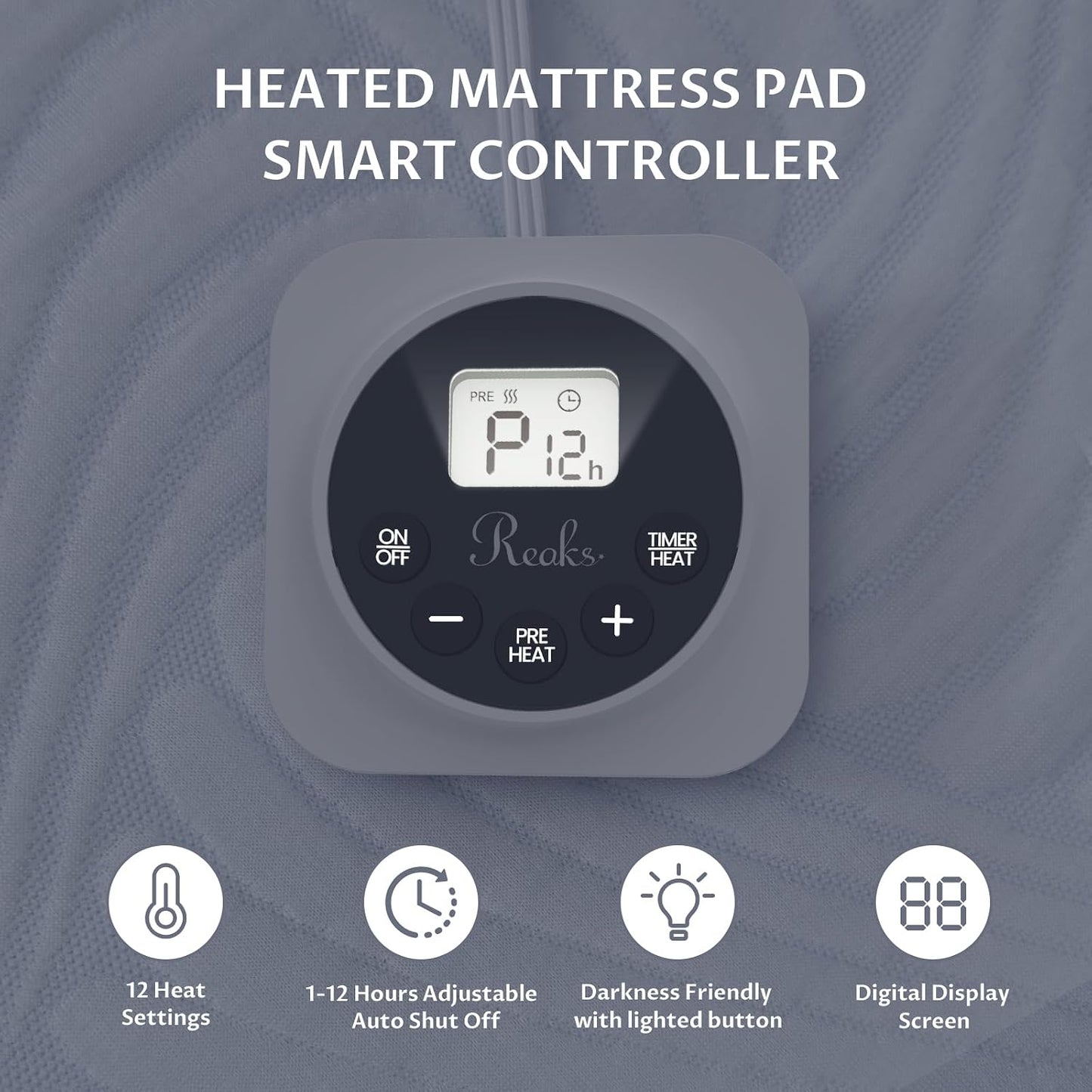 Foot Queen Size Electric Heated Mattress Pad - Foot Warmer for Bed with Memory & Preheat Functions, 12 Heat Settings Single Control for 1-12 Hours Auto Off, Lighted Button