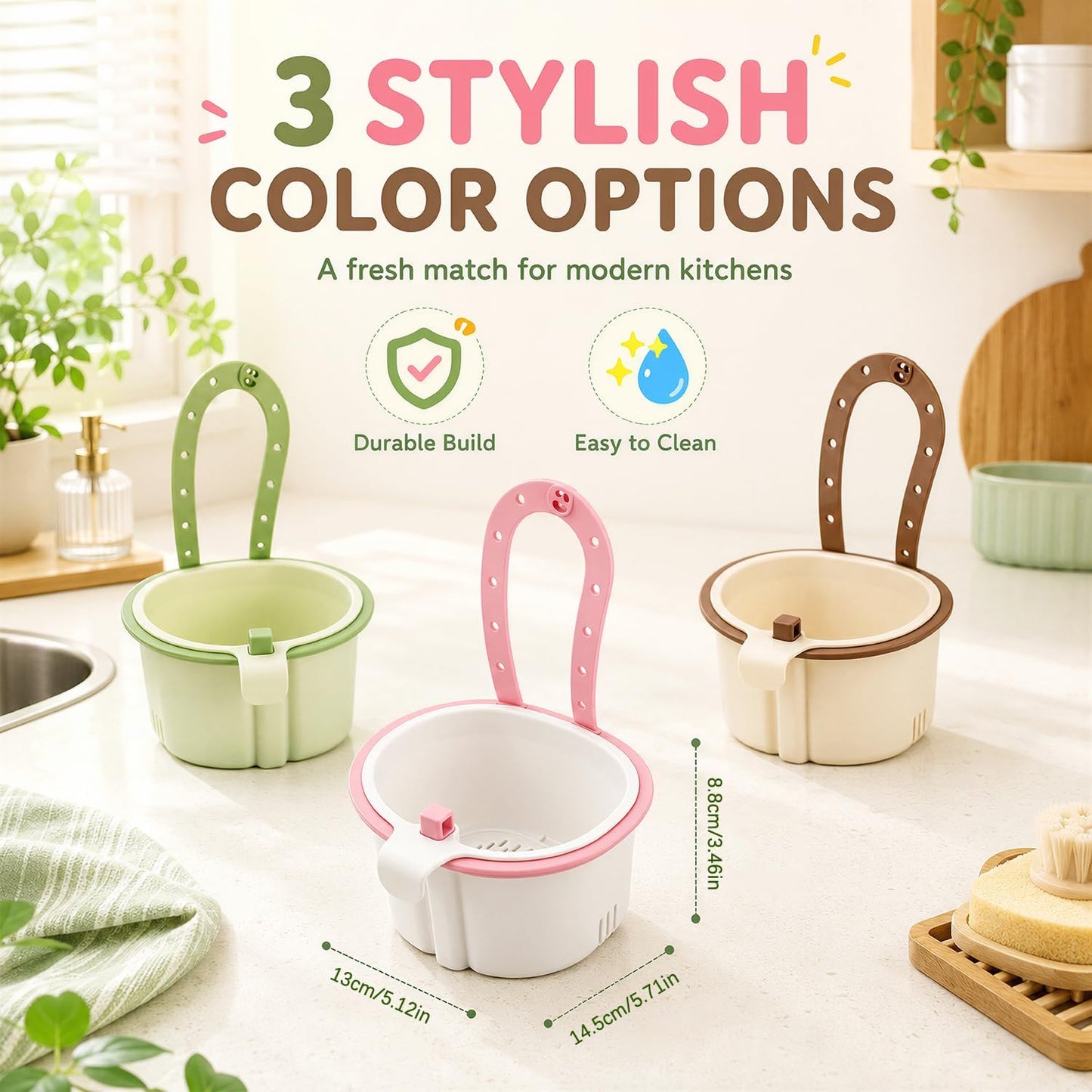 Sink Filter Basket, Kitchen Sink Strainer Basket with Self-Cleaning & One-Touch Press, Hanging Sink Drain Basket for Draining, Washing, Storage, 5.7x5.1x3.5 Inches (Green)
