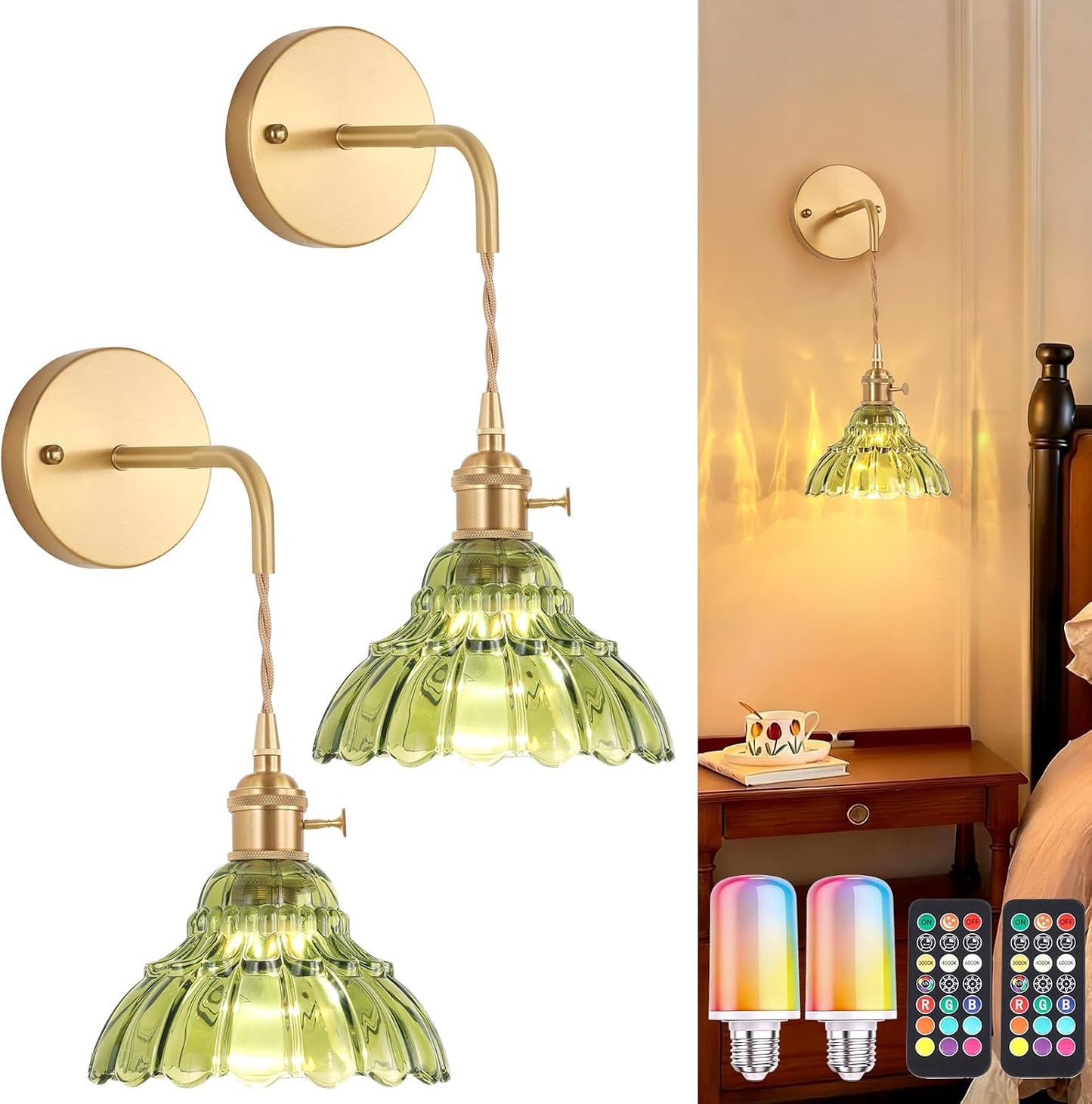 Shenmoyl Battery Operated Wall Sconce Wall Lamp with Green Lily of the Valley Shade Pattern Glass Adjustable Chain Retro Gold Wall Mounted Light, Modern Wall Lamp Fixtures Decor for Bedside Bedroom