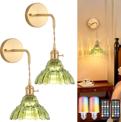 Shenmoyl Battery Operated Wall Sconce Wall Lamp with Green Lily of the Valley Shade Pattern Glass Adjustable Chain Retro Gold Wall Mounted Light, Modern Wall Lamp Fixtures Decor for Bedside Bedroom