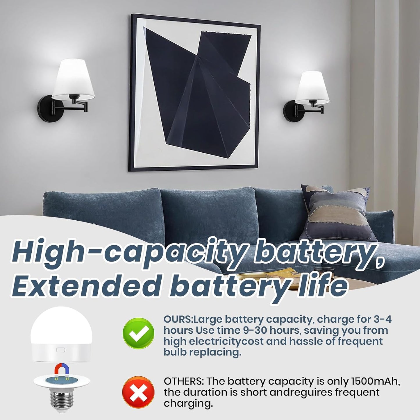 Cordless Battery Operated Wall Sconces Set of 2, Black Swing Arm Wall Sconce, Rechargeable Wall Mounted Reading Light Bedside Wall Lamp, Wireless Wall Sconce Fixtures for Bedside, Hallway, Study