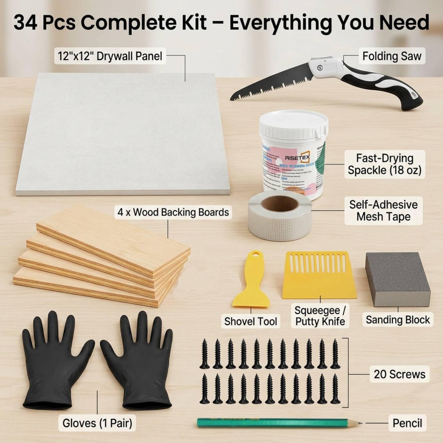 Drywall Repair Kit，34 Pcs 12x12inch Wall Patch Kit with Saw& Wood Boards | Drywall Patch Kit for Large Holes，Sheetrock Repair Kit for Cracks, Dents&Nail Holes-Quick & Easy Wall Surface Repair Solution