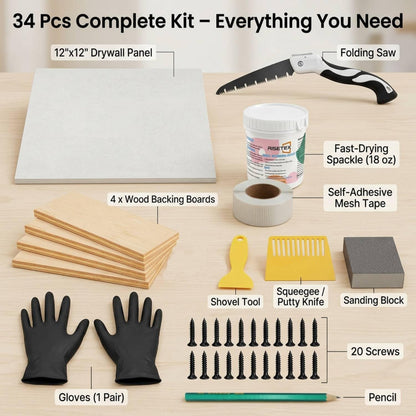 Drywall Repair Kit，34 Pcs 12x12inch Wall Patch Kit with Saw& Wood Boards | Drywall Patch Kit for Large Holes，Sheetrock Repair Kit for Cracks, Dents&Nail Holes-Quick & Easy Wall Surface Repair Solution
