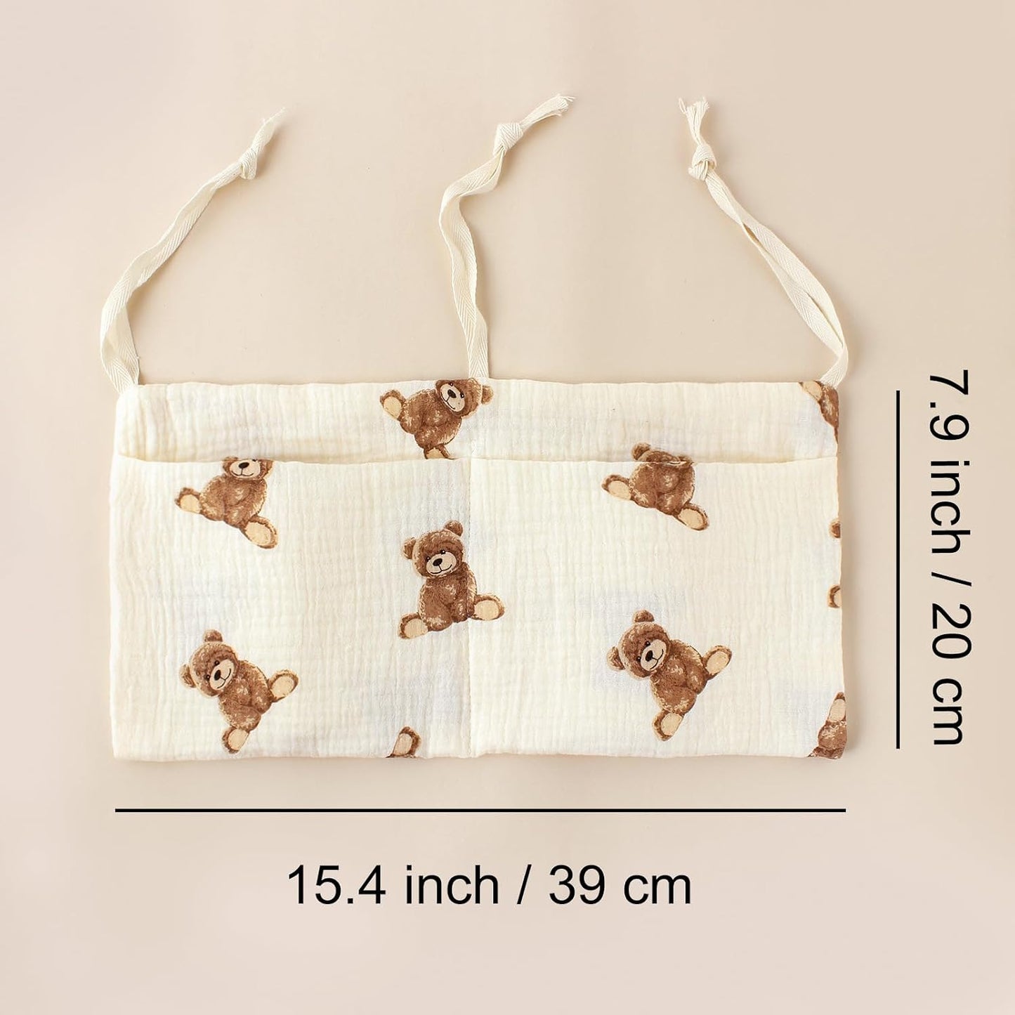Baby Bedside Hanging Storage Bag Muslin Cotton Teddy Bear, Crib Diaper Caddy Organizer 2 Pockets, Nappy-Dormitory Nursery Organization Holder for Cribs, Playard or Wall Milk Bottle Bib Organizing