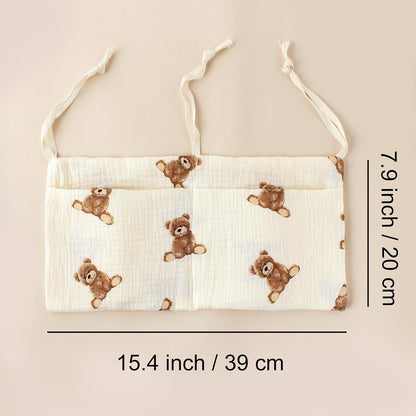 Baby Bedside Hanging Storage Bag Muslin Cotton Teddy Bear, Crib Diaper Caddy Organizer 2 Pockets, Nappy-Dormitory Nursery Organization Holder for Cribs, Playard or Wall Milk Bottle Bib Organizing