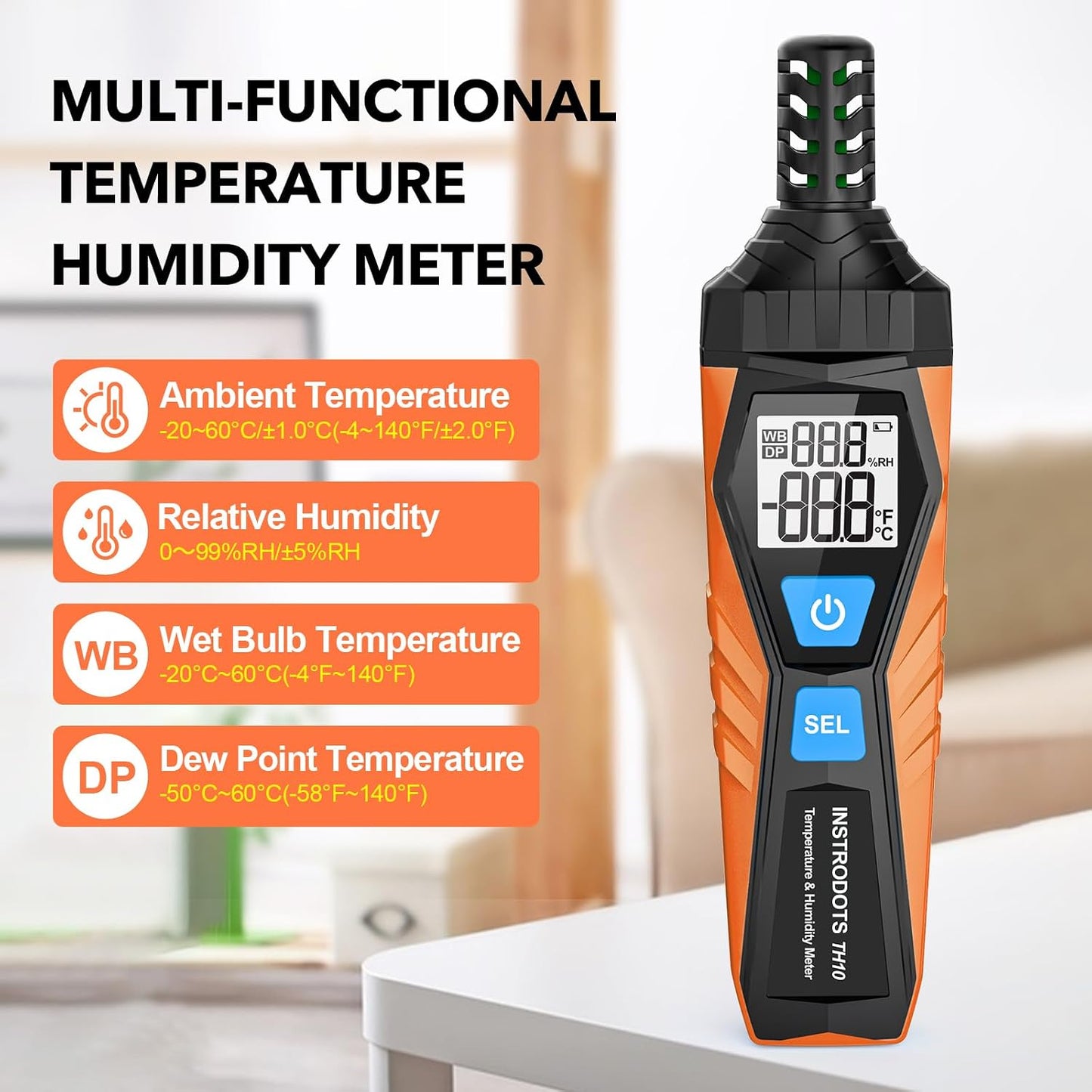 Temperature Humidity Meter, High Precision Thermometer Hygrometer with Ambient, Dew Point, Wet Bulb Thermometer, Dual Display Temperature & Humidity with LCD Backlight, TH10