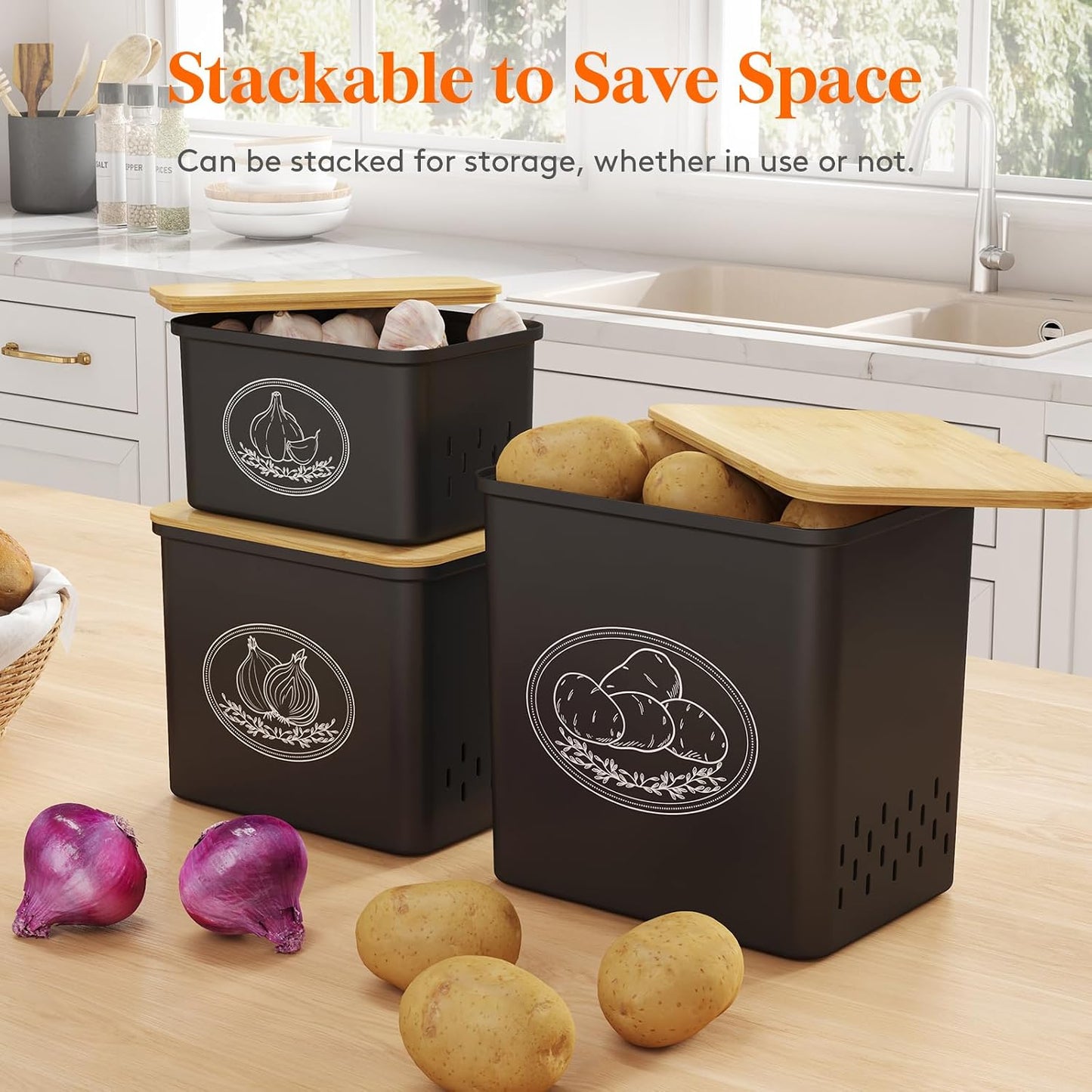 Lifewit Plastic Potato and Onion Storage Bin Box, Set of 3, White | Stackable Garlic Keeper, Vegetable Container Box, Aerating Holes & Lid for Pantry Countertop