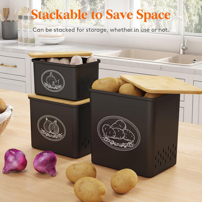 Lifewit Plastic Potato and Onion Storage Bin Box, Set of 3, White | Stackable Garlic Keeper, Vegetable Container Box, Aerating Holes & Lid for Pantry Countertop