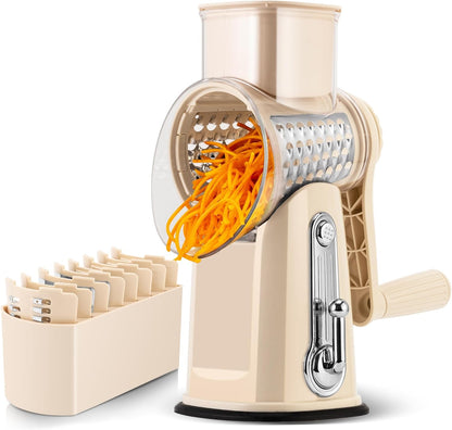 SUSTEAS Rotary Cheese Grater 5 Blades,Kitchen Mandoline Vegetable Slicer | White, Easy to Clean, Strong Suction Base, 5 Blades Storage Box, Round Mandoline Slicer & Food Chopper for Salad