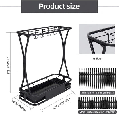 15 Slot Umbrella Stand with 8 Hooks – Heavy Duty Metal Indoor Umbrella Rack Holder with Removable Drip Tray – Large Commercial Entryway Organizer for Office, Lobby or Home