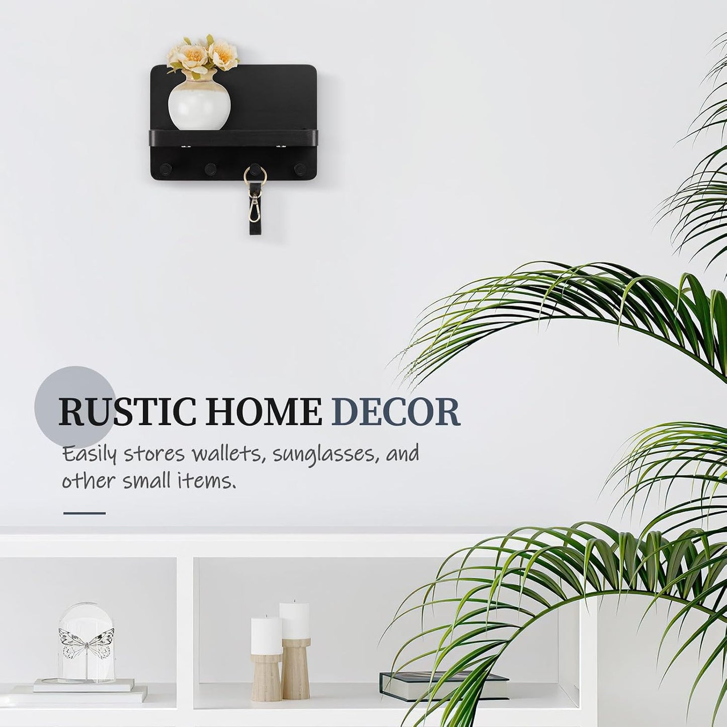 Nekon Key Holder for Wall with Shelf, Pine Wooden Key Hanger, Black | Small Wall Mounted Key Holder with 4 Hooks, Farmhouse Wall Organizer for Home Entryway & Apartment